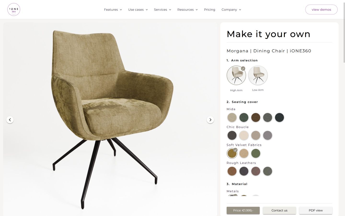 schermafbeelding van de 3D product configurator software met automatische hoogwaardige render functie - eetkamerstoel