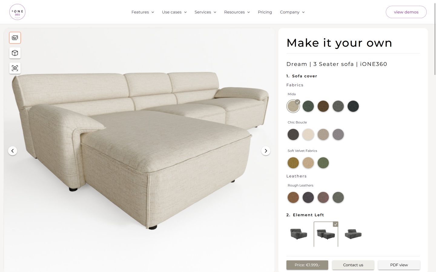 schermafbeelding van de 3D product configurator software met automatische hoogwaardige render functie - modulair bankstel