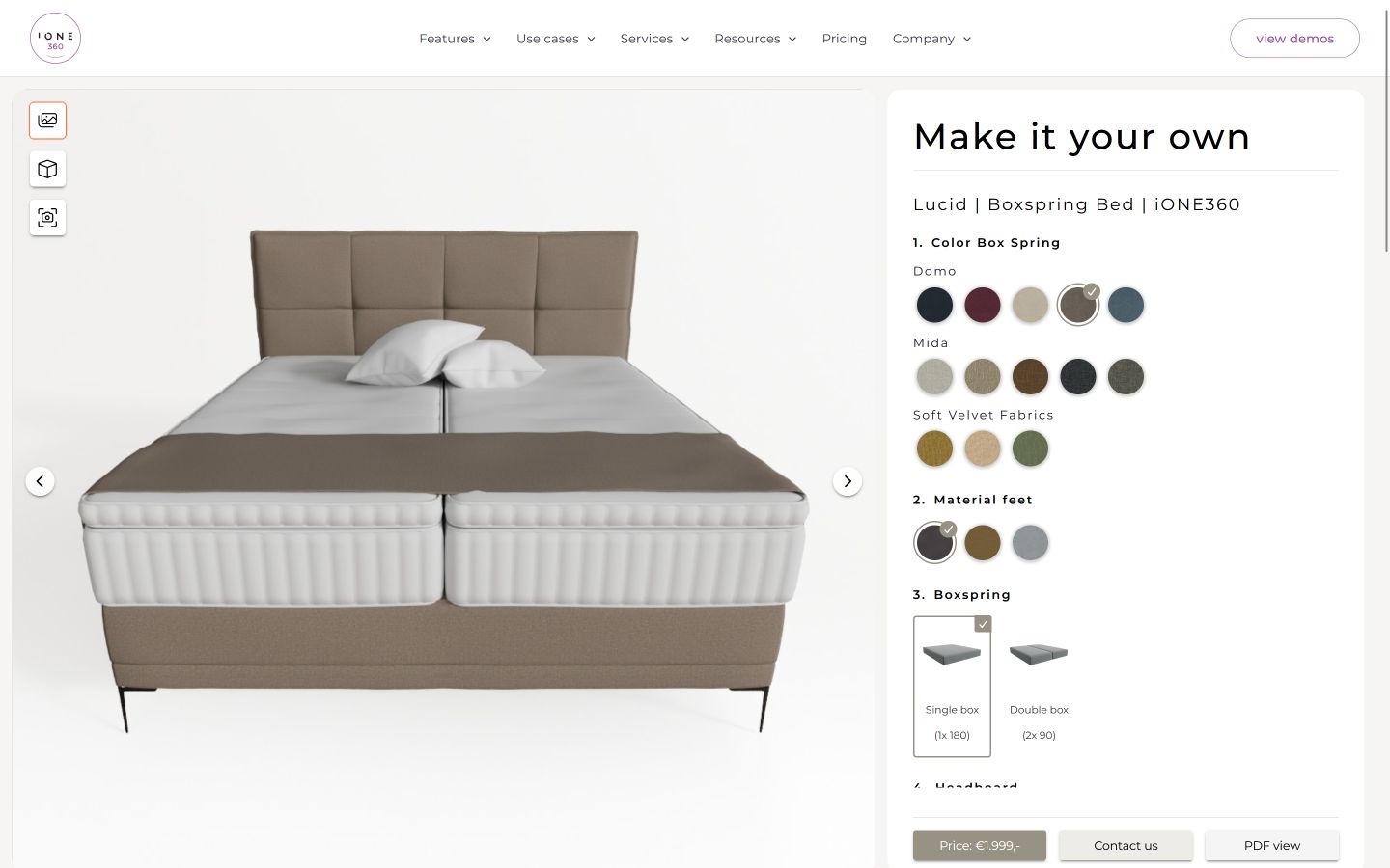 schermafbeelding van de 3D product configurator software met automatische hoogwaardige render functie - boxspring bed